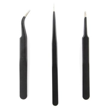 3 Pack of Tweezers found in orange and black tool kit (Pointed, Blunt, Curved)